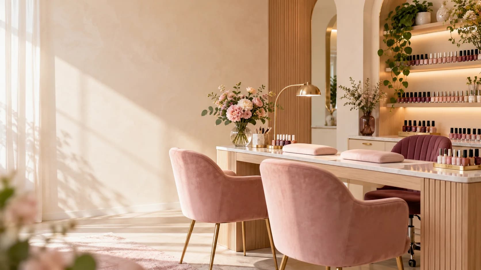 Illustration : salon de manucure lumineux aux tons rose et crème